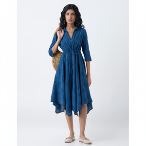 Vestido asimétrico de algodón bordado azul cachemir Bombay - Product Image 1