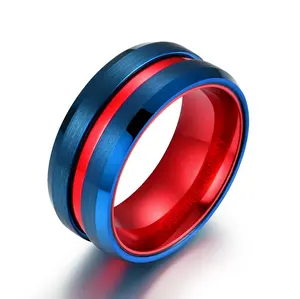 Gentdes Jewelry Blue Brushed Tungsten Ring Red Grooved With Tungsten Wedding Bands 3 in 1 Wedding Bands