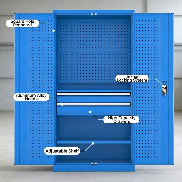 Heavy-Duty Multifunctional Tool Cabinet Custom-Made Steel Storage Cabinet Pegboard Drawers & Double Doors for Hardware Factory