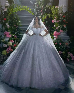 Gaun pengantin putri berkilau sederhana gaun pengantin gaun pengantin berpayet bahu terbuka gaun pengantin kereta panjang