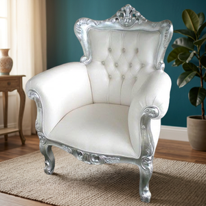 Sillón de Estilo Europeo Antiguo con Acabado Plateado, Madera de Caoba Sólida, Tapizado en Cuero Sintético, Mueble para Sala de Estar - Product Image 2