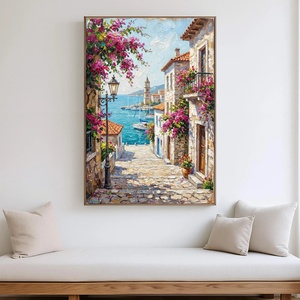 Pintura al Óleo Realista de Callejón Mediterráneo, Paisaje Costero Original, Lienzo Hecho a Mano con Flores - Product Image 5