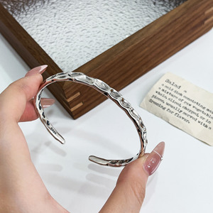 S925 Sterling <b>Silver</b> Textured Open <b>Bangle</b> <b>For</b> Women And <b>Men</b> Fashion Jewelry Unisex Accessory - Product Image 1