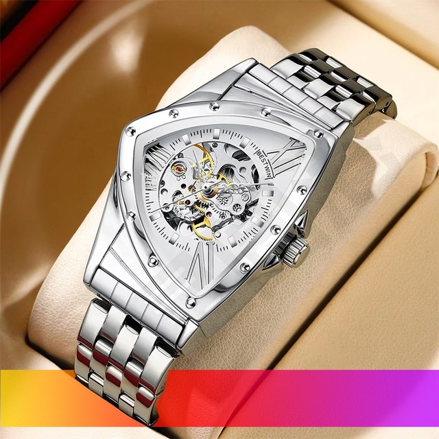 Winner Fashion Men's Casual Automatic Mechanical Triangular Dial Stainless Steel Band Triangle case Design Watch