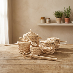 Muestra gratis, juego de utensilios de cocina de juguete para niños tejidos de ratán natural, juguetes de cocina saludables - Product Image 3