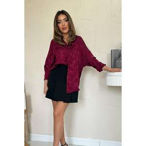 Chemise boutonnée en satin jacquard bordeaux pour femme, chemisier asymétrique décontracté à manches longues pour tous les jours - Product Image 4