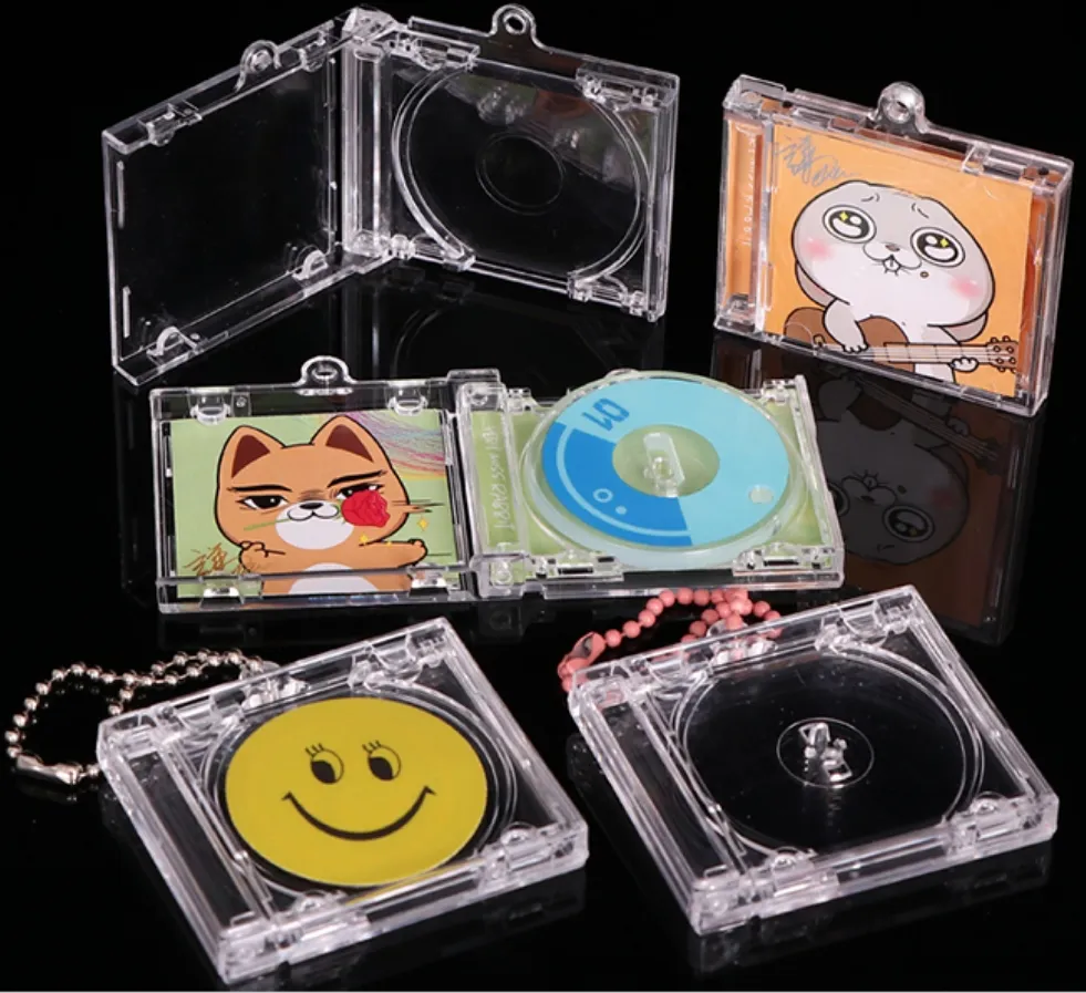 uv printing player keyring small miniature cover album plastic round box jewel nfc mini custom acrylic cd case keychain