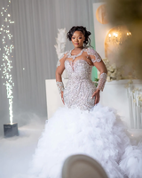 Robes de mariée sirène en dentelle blanche grande taille Aso Ebi 2024, dentelle luxueuse, strass, manches longues, volants, robe vintage