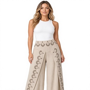 Pantalon large beige pour femme avec imprimé soleil marron, taille haute, style palazzo, bohème, ethnique, décontracté - Product Image 1
