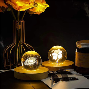 Living Room <strong>Table</strong> Decorative Crystal Ball Art Crafts Lamp Rgb Color <strong>Changing</strong> Luminous Round Petal Shape Wooden Base - Product Image 2