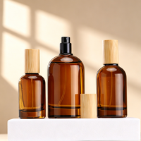 Botol Parfum Kaca Amber Persegi Panjang Mewah Kosong 30ml 50ml 100ml Berkualitas Tinggi dengan Tutup Kayu Bambu dan Pompa Semprot