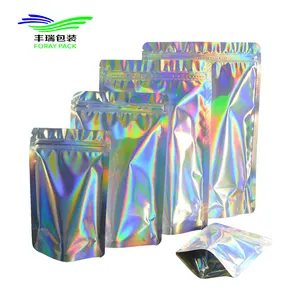 Película de arcoíris resellable personalizada, lámina plana, Material laminado impermeable, Mylar, transparente, caramelo, bolsa de holograma de plástico cosmético