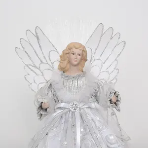 SOTE 16 "Luz de Navidad Ángel adornos de plata hecho a mano blanco y LED de fibra óptica árbol de Navidad Topper