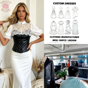 Blusa Elegante para Mujer, Popular, con Encaje en Contraste Blanco y Negro, Manga Corta Abullonada, Cuello Alto, Corte Ajustado, para Ocasiones Especiales - Product Image 1