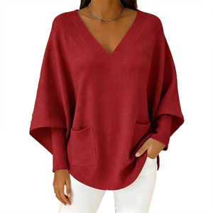 เสื้อสเวตเตอร์ไหมพรมผู้หญิง แขนทรงปีกค้างคาว คอวี สีพื้น สไตล์ลำลอง มีกระเป๋า  แบบใหม่สำหรับฤดูใบไม้ร่วงและฤดูหนาว - Product Image 3