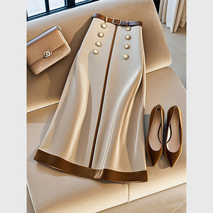 Explosive <strong>Khaki</strong> Splicing A-line <strong>Skirt</strong> Advanced Sense Super Good-looking High Waist Long <strong>Skirt</strong> 2025 Spring - Product Image 6