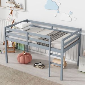 เตียงสองชั้นสีเทาสำหรับเด็ก พร้อมราวกั้นและบันไดสำหรับห้องนอน - Product Image 4
