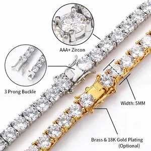 Juncheng gros personnalisé plaqué or bijoux 3MM 4MM 5MM hommes femmes glacé cubique zircone CZ diamant chaîne Tennis collier