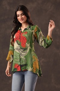 Blusa de Diseño con Estampado de Aves Inspirada en la Naturaleza, Cierre de Botones, Corte Holgado, Manga Larga, Venta al Por Mayor - Product Image 3