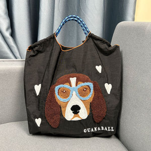 Bolso de compras de poliéster portátil informal para mujer <span class=keywords><strong>con</strong></span> lindo juguete para perros, bolso de toalla de hombro bordado <span class=keywords><strong>con</strong></span> animales a la moda, diseño Simple - Product Image 6