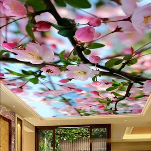 Papel de parede 3D personalizado para teto, mural de céu azul, nuvem branca, flor de cerejeira rosa, papel de parede para sala de estar e quarto