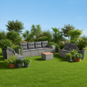 Conjunto de Sofá de Jardín de Ratán Gris, 6 Plazas, Resistente a la Intemperie, Muebles de Exterior de Diseño Contemporáneo - Product Image 3
