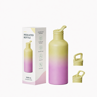 Bouteille d'eau isotherme anti-fuite de 1000 ml avec 2 couvercles interchangeables, paille et poignée, en acier inoxydable 18/8 à double paroi sous vide
