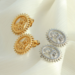 Golden <b>Stud</b> Earrings Star Shape <b>Titanium</b> Steel 18k Plated Retro Style Circular Lines Design - Product Image 3