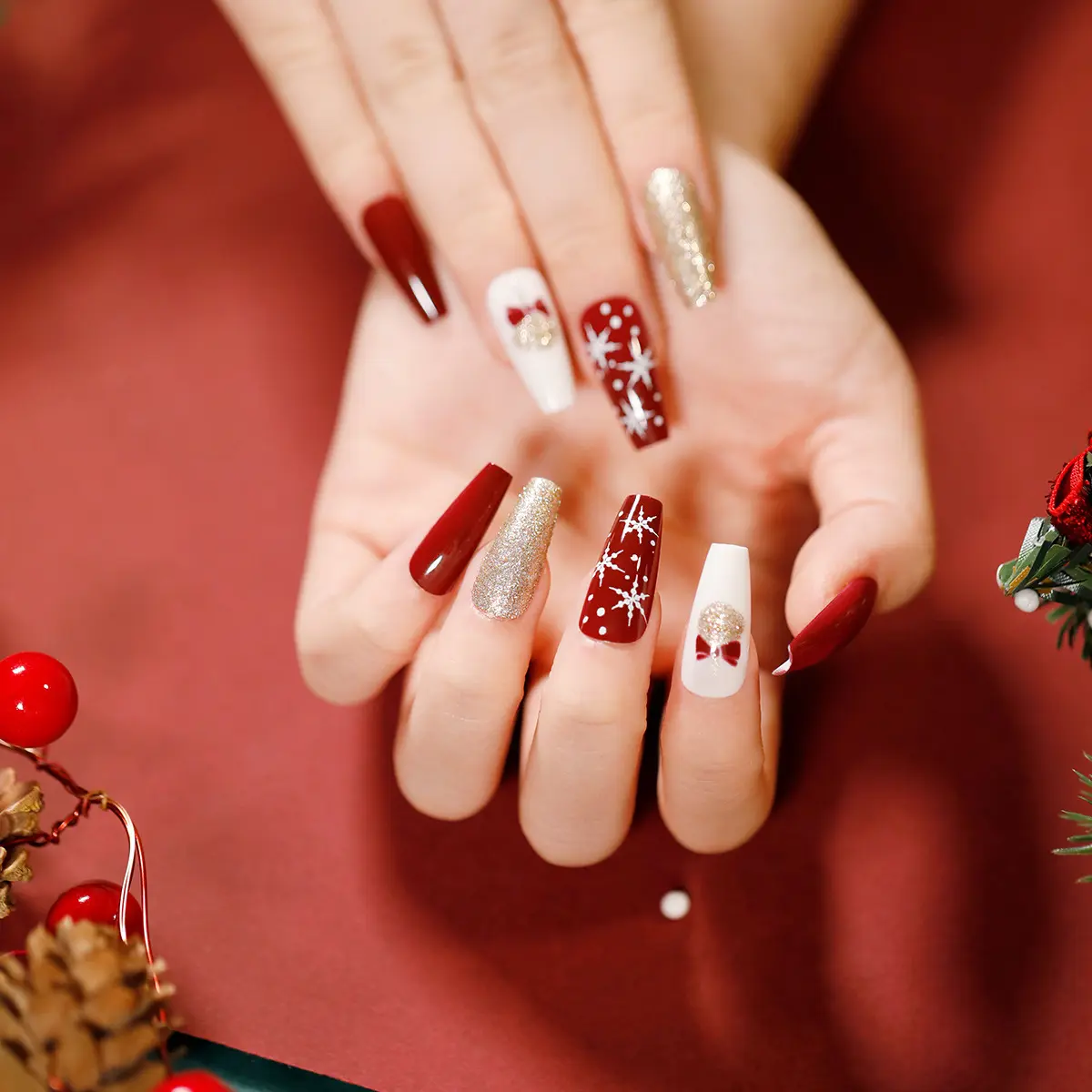 Weihnachten Falsche Nagel Maniküre Acryl Künstliche Nagel Dekor Drücken Sie auf Nägel Schneeflocke Lebkuchen Mann Volle Abdeckung 24PCS