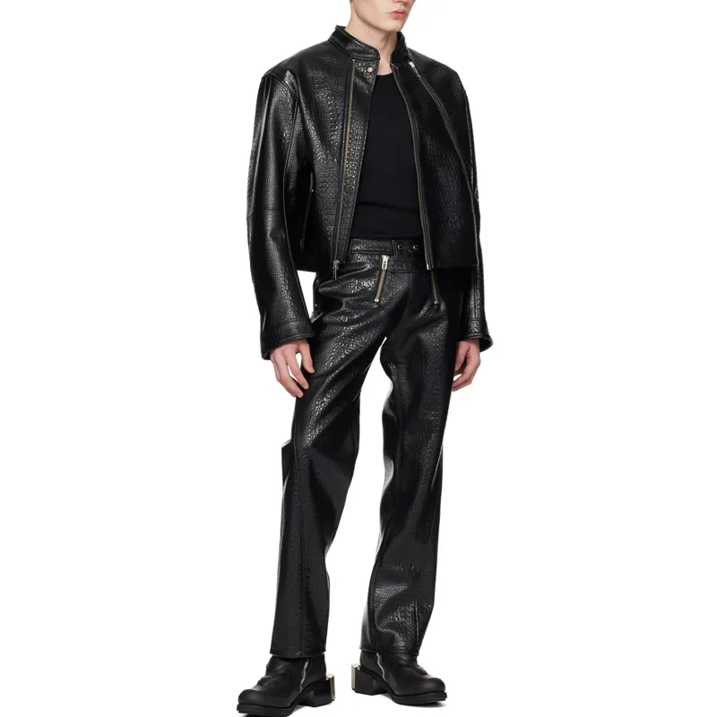 OEM Long Sleeve Double Zipper Croc-embossed Faux-Leather Biker Jacket