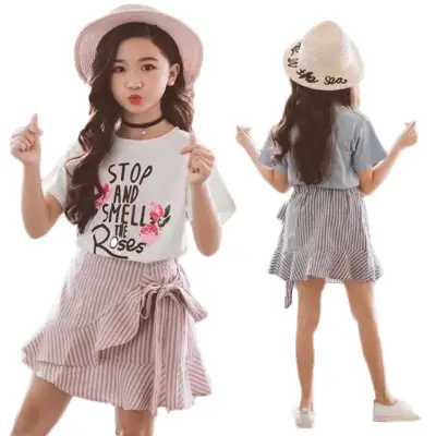 Summer Fashion Girls Casual Set Big Child Rose Letter Short Sleeve Pleated Skirt Two Piece Suit