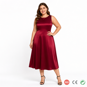 Vestido Personalizado sin Mangas para Mujer, Tallas Grandes, Color Rojo <span class=keywords><strong>Malbec</strong></span> Degradado, Satinado, Cuello Redondo, Corte en A, Largo Midi, Elegante, Tallas AR 44 a 58 - Product Image 1