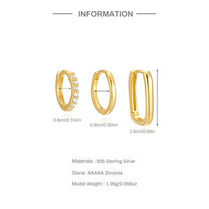 Boucles d'oreilles créoles en argent 925 pour usage quotidien, plaqué or 18 carats, classiques, sans perçage, faciles à porter, avec zircon, lot de 3 pièces - Product Image 6