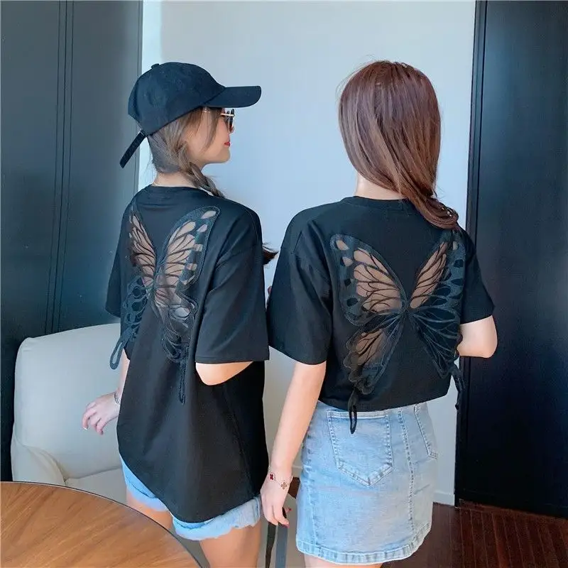 2023 Summer Women Fashion Solid Embroidery Streetwear Cotton Short Sleeve Hollow Out Sexy Butterfly Wings Crop Tops T shirt