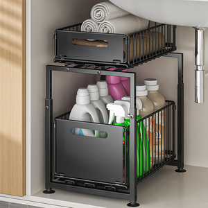 Étagère de rangement coulissante à 2 niveaux en métal pour évier, réglable en hauteur, pour épices de cuisine, avec <span class=keywords><strong>tiroir</strong></span>, montage facile, vente en gros - Product Image 3