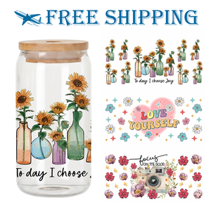 ส่งฟรี 48 ชม. แจกันแก้วลายดอกทานตะวันสไตล์โบโฮ กล้องวินเทจ คำคมสร้างแรงบันดาลใจ ลายพิมพ์ UV DTF สำหรับแก้ว Libbey ขนาด 16 ออนซ์ - Product Image 1
