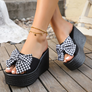 Mules compensées pour femmes, version coréenne, avec nœud papillon et fleur, talons hauts rehaussants, chaussures tendance M17 - Product Image 1