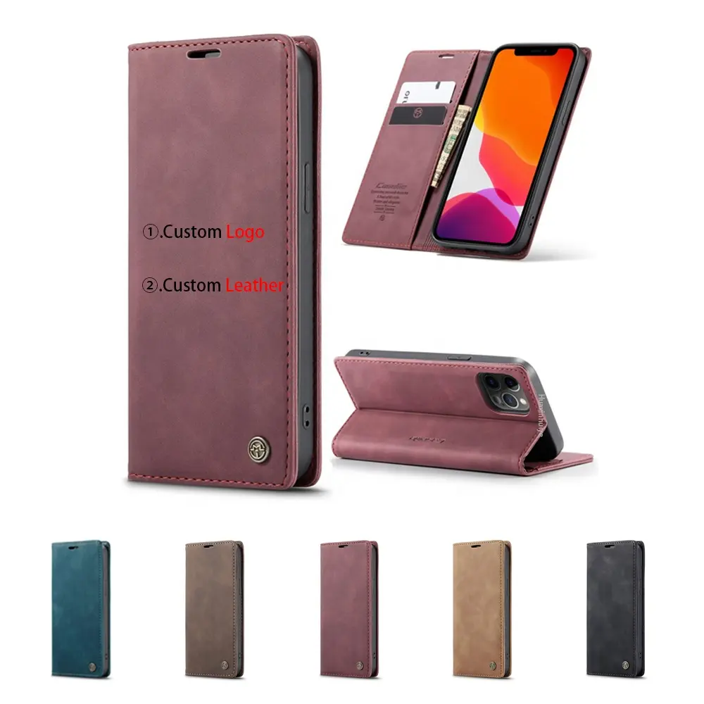 CaseMe Custom Logo Flip Wallet Caixa de telefone de couro para iPhone 13 12 Pro Max para Samsung para Huawei para OnePlus