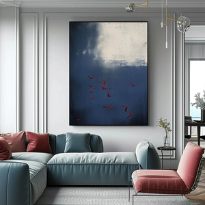 <span class=keywords><strong>Arte</strong></span> Murale Astratta Contemporanea Dipinto Testurizzato su Tela Cielo Blu Scuro Surreale con Uccelli Rossi per Casa e Galleria - Product Image 5