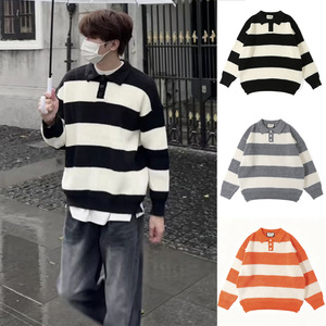 Suéter Polo de Punto a Rayas para Hombre, Corte Holgado, Talla Grande, Transpirable, de Poliéster, Juvenil y Moderno - Product Image 2