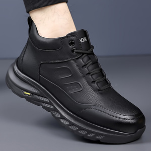 Bottes de randonnée d'hiver pour hommes en cuir, hautes, chaudes, doublées de polaire, antidérapantes, à talon plat, couleur unie, lacets avant - Product Image 4