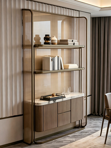 Mueble Bar Moderno Independiente con Encimera de Mármol, Puertas de Madera y Estructura de Acero Inoxidable - Product Image 2