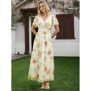 Vestido largo floral de verano para mujer, cuello en V, manga corta, línea A, cintura imperio, tul, para playa, vacaciones, fiesta - Product Image 6