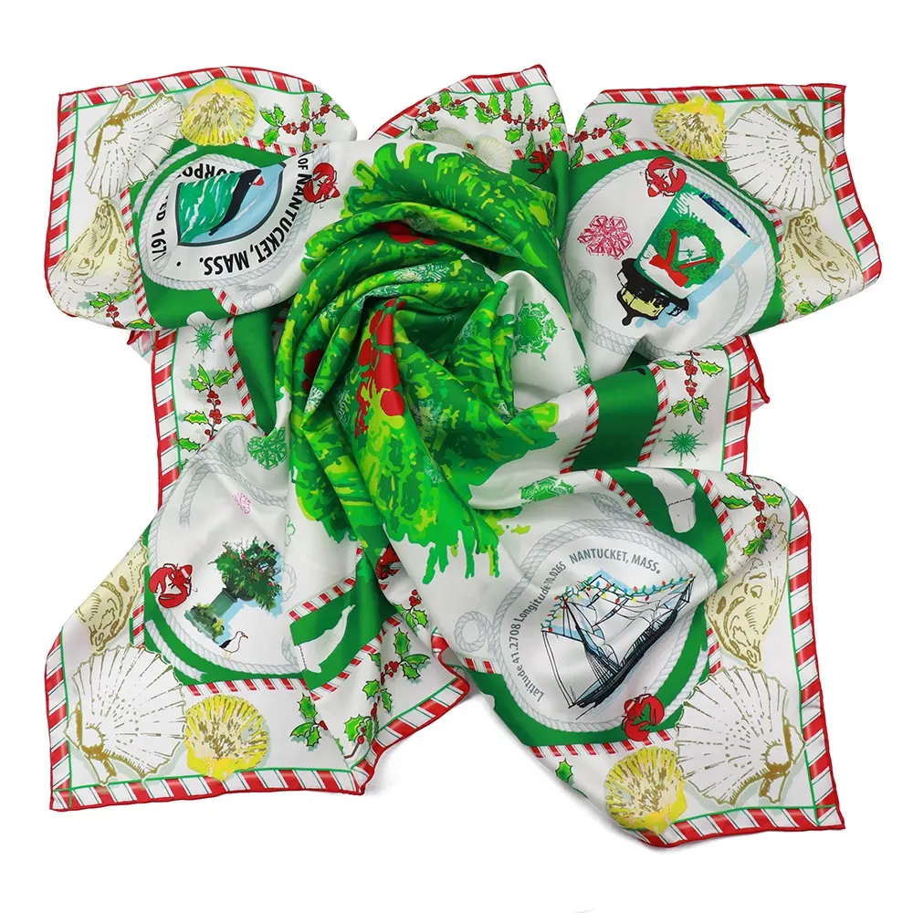 Vibrant Animals Lighthouse Printed Green Scarf White Red Hand Hemming Pure Silk Scarfs for Women Stylish