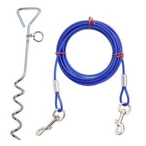 Tie Out Cable and Stake, 20 FT Dog Tether Line with Swivel Hook and Shock Absorbing Spring