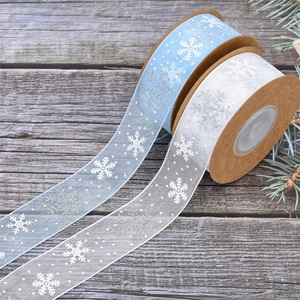 Ruban en polyester bleu doux, écologique, fait main, motif flocon de neige, 63 mm, 10 yards, pour accessoires pour cheveux et emballage cadeau de Noël - Product Image 1