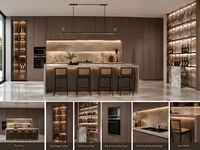Meuble de cuisine de luxe sur mesure en noyer avec mur vitré pour vin, colonne four encastrée et îlot en pierre pour villa et divertissement