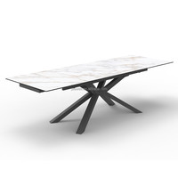Ensemble de tables à manger extensibles en céramique marbrée Inol de 12 mm avec 12 places, fabriquées avec des pieds en métal et un plateau en pierre frittée