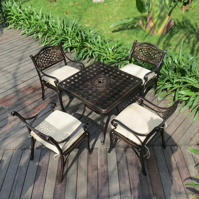 Dış mekan mobilyası kare bahçe masa sandalyeler veranda 4 koltuk alüminyum masa ve sandalye seti