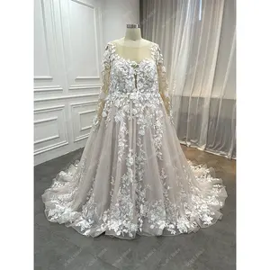 Modest Long Sleeve 3D Flower Lace Wedding Dresses Elegant Custom Blush Pink Sparkly Plus Size Bridal Pearl Gown Vestido De Novia